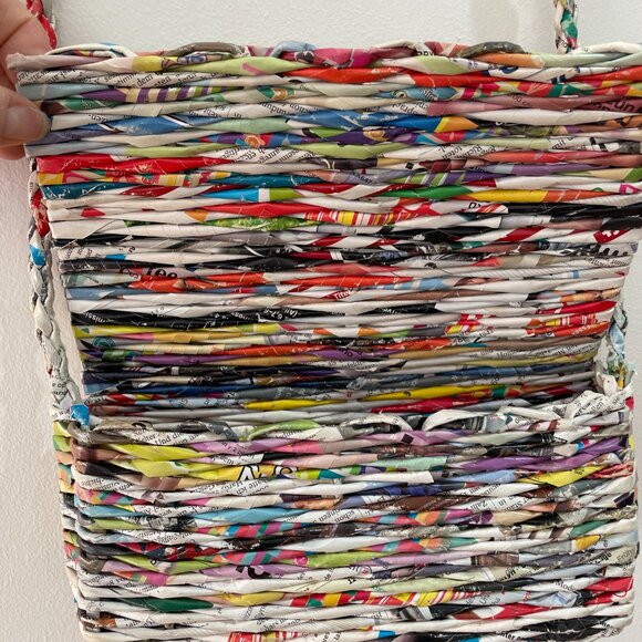 Recycled Rolled Newspaper Magazine  10”  Purse With Paper Braided Strap - Picture 5 of 6